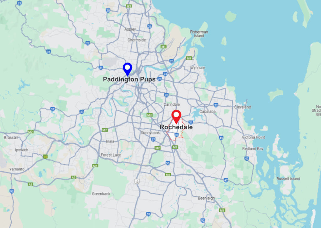 Rochedale pinned map location and Paddington pups pinned location