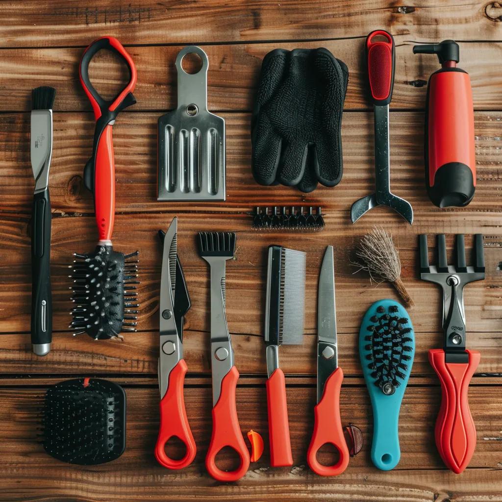 Variety of affordable dog grooming tools including brushes and clippers in a cozy home setting