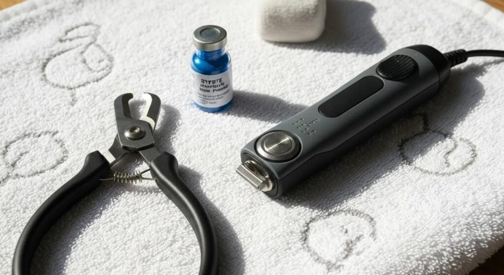 Essential DIY dog nail care tools including clippers and a grinder arranged on a soft towel