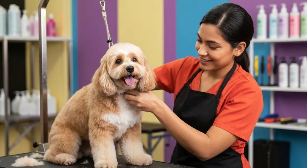 Happy dog being groomed in a professional salon, showcasing the importance of dog grooming services