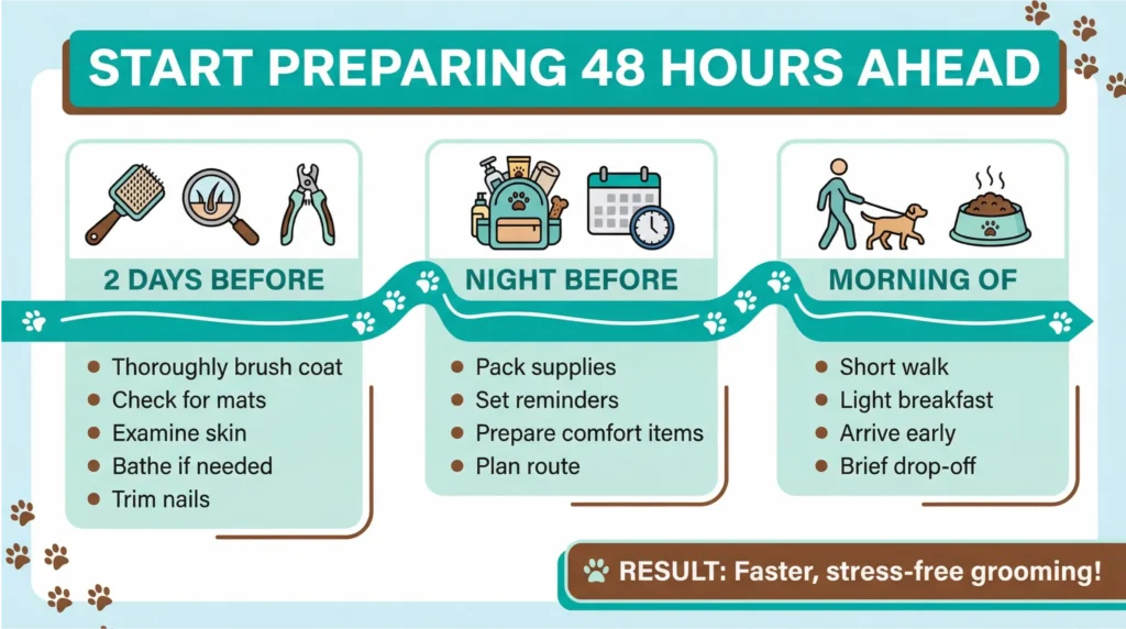 infographic of 48 hour prep before dog grooming