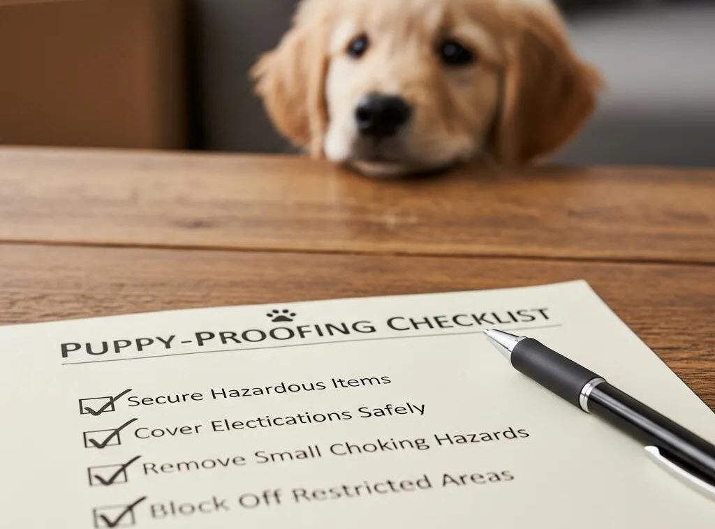 Checklist for puppy-proofing with a playful puppy in the background, emphasizing safety measures
