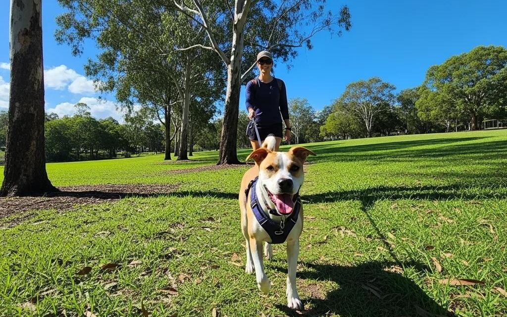 Happy dog walking along a scenic trail in Paddington, Brisbane