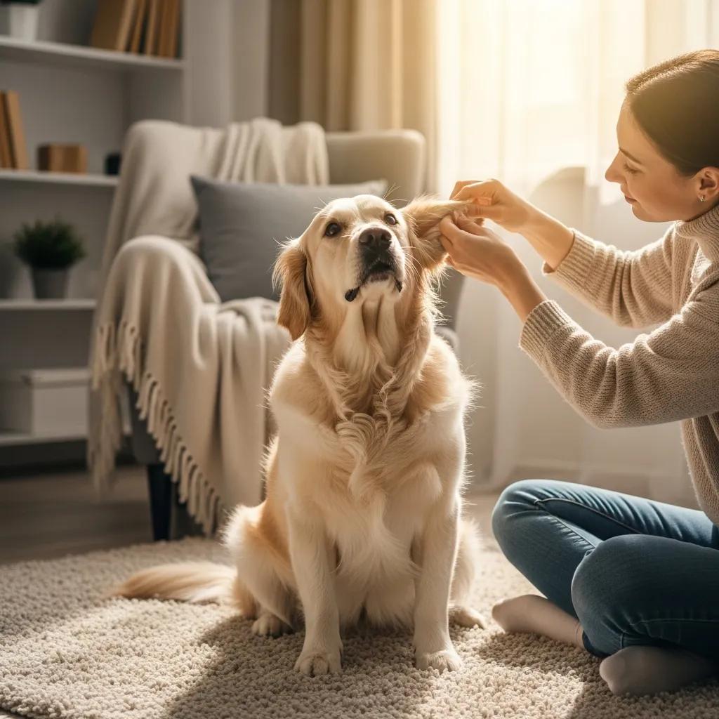 Happy dog with clean ears being inspected by owner, emphasizing dog ear care
