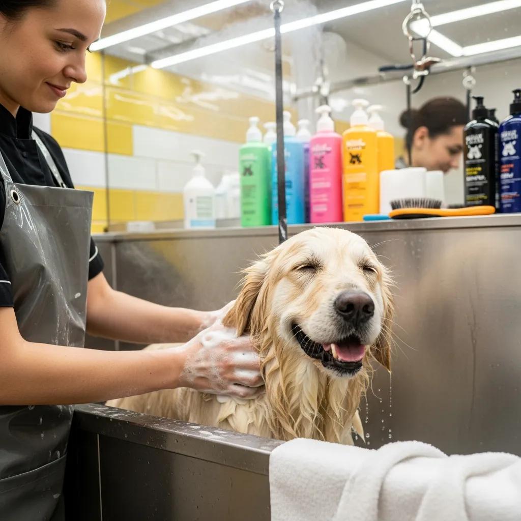 Professional dog groomer bathing a dog in a grooming salon